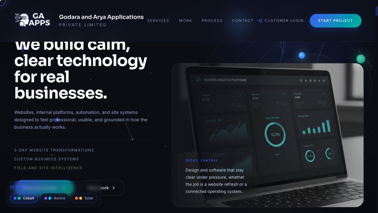April 13 homepage with a dark blue layout and a large dashboard image