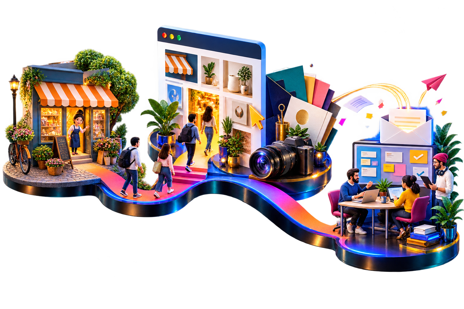 An illustrated journey from an independent shop, through its website and creative studio, to an enquiry arriving with a team