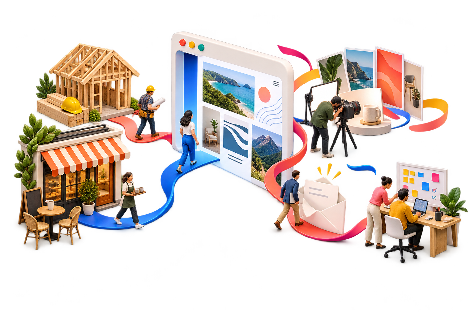 A miniature business neighbourhood: a café, a building project and a website doorway connected to creative branding and business systems by colourful paths.
