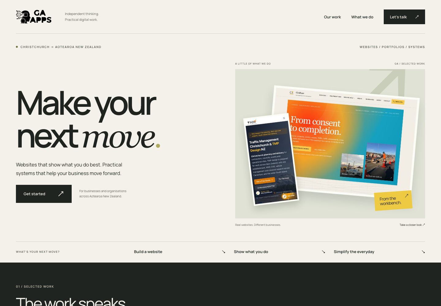 Concept 2: a warm editorial layout with oversized type and layered website screenshots
