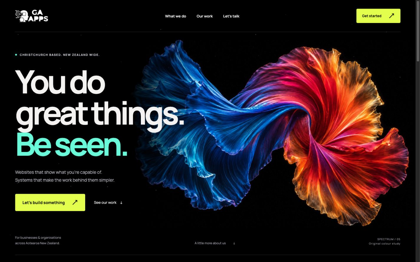 Black homepage with brilliant sculptural colour and the headline You do great things. Be seen.