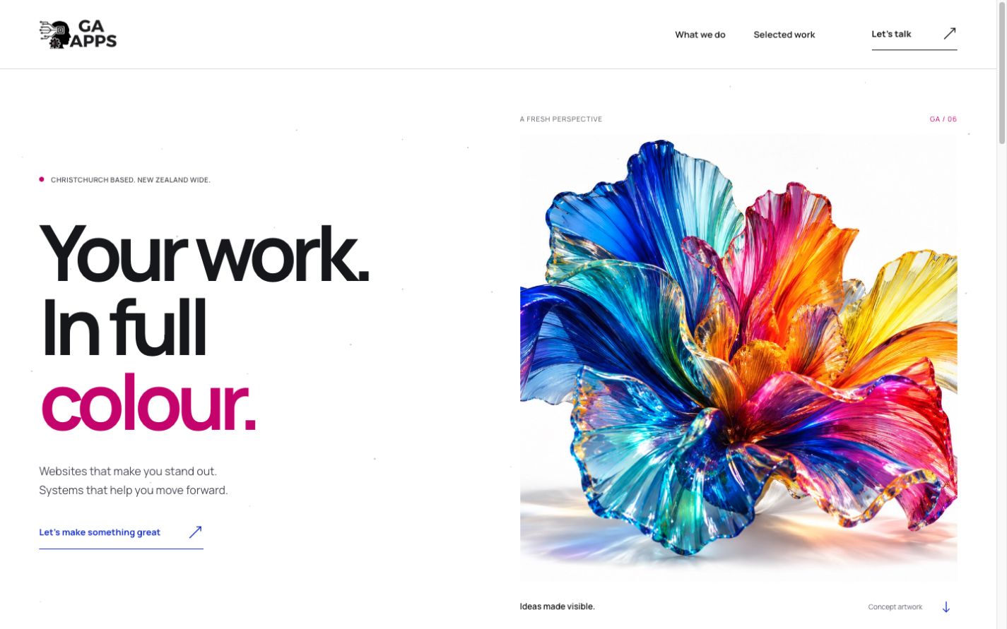 White homepage with vivid colour artwork and the headline Your work. In full colour.