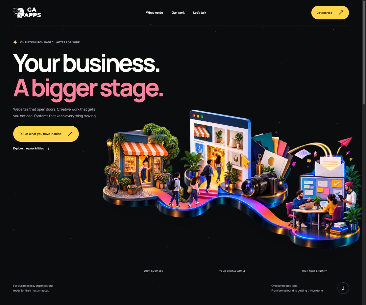 Black homepage with an illustrated shop, website doorway, creative studio and connected team