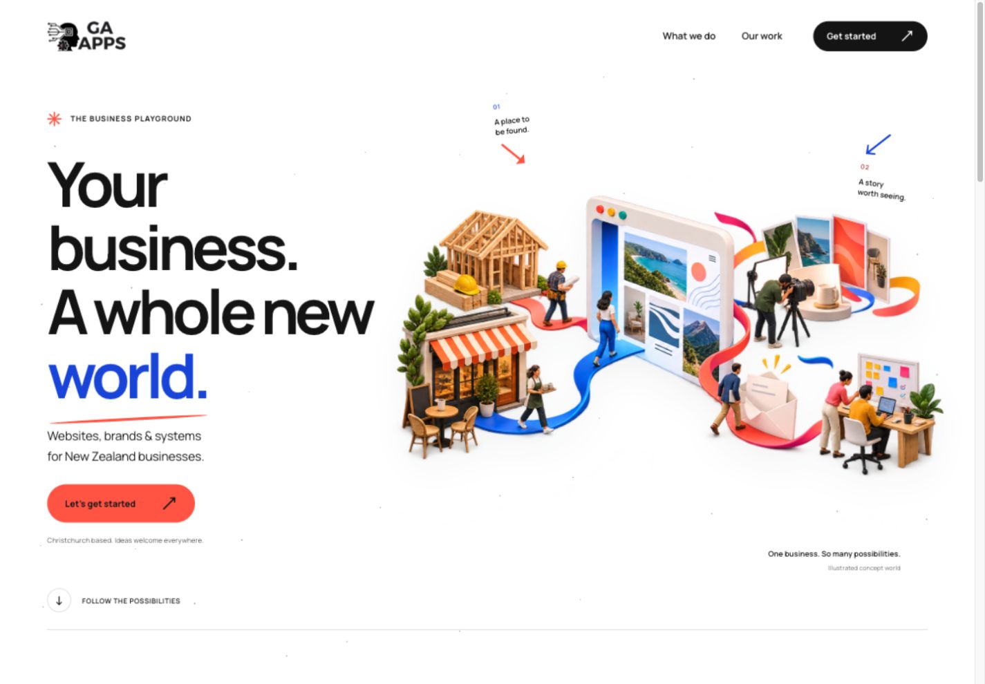 White homepage with a miniature neighbourhood of a cafe, building project, website and team