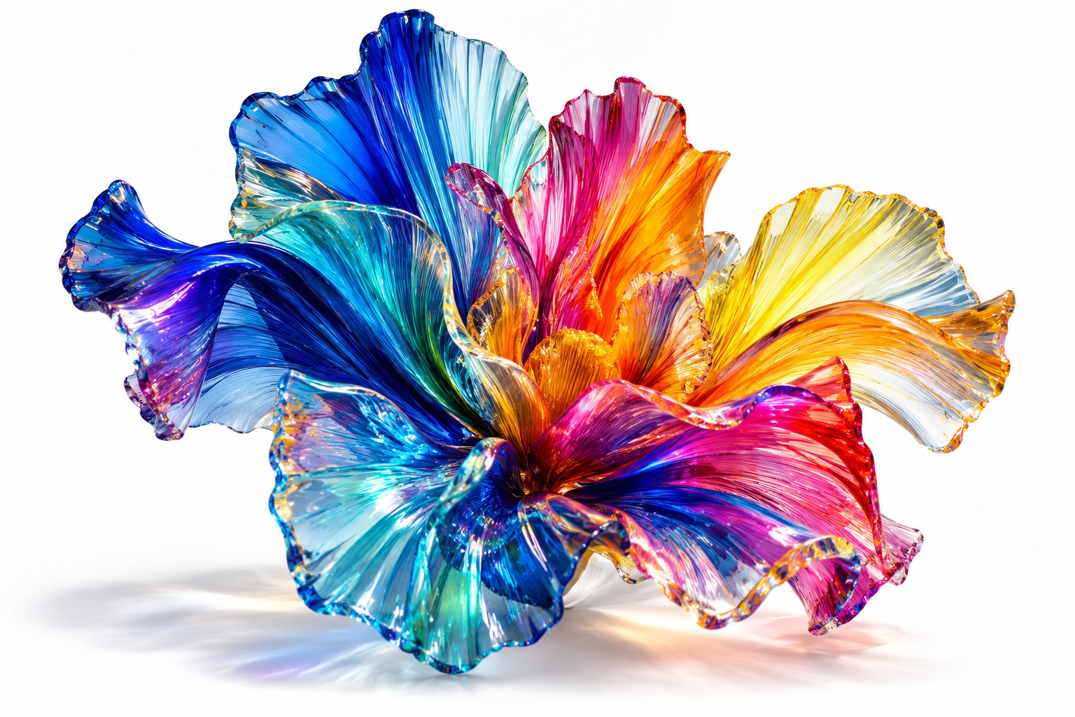 Intricate sculptural waves of electric blue, magenta and luminous colour